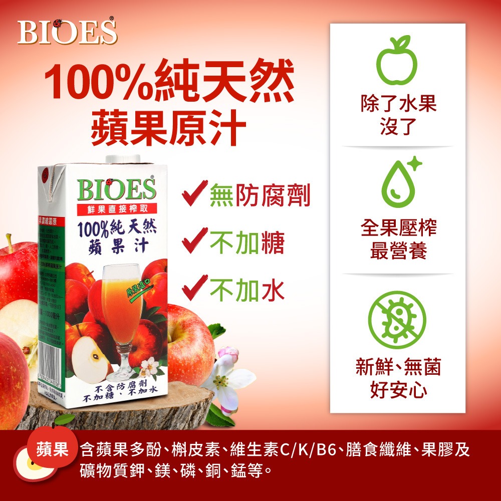 【囍瑞 BIOES】純天然 100% 蘋果汁原汁(1000ml) x6瓶◉90A028
